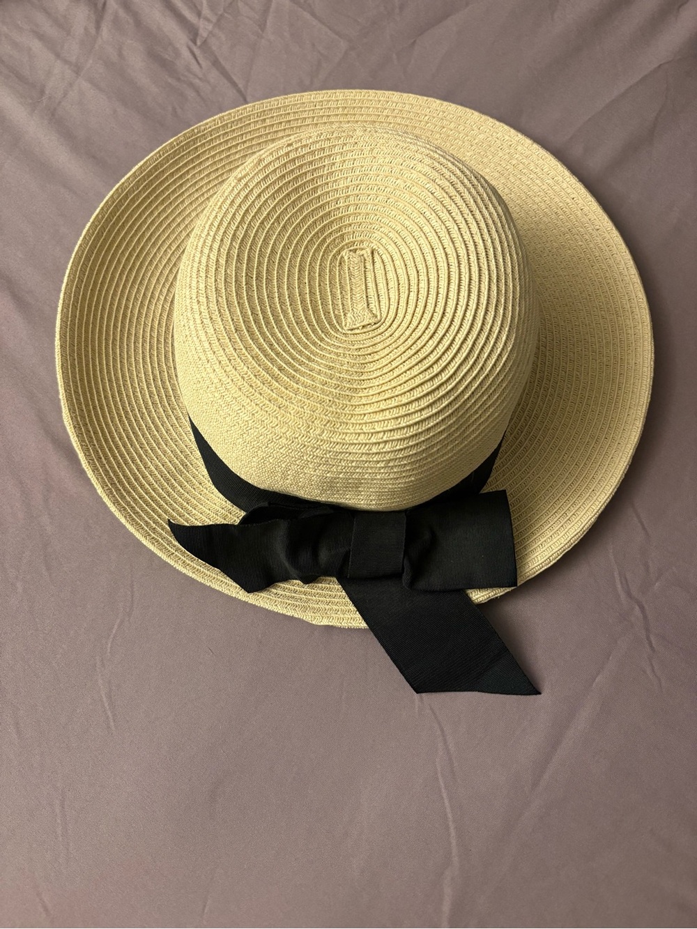 Karen Keith Wide Brim Straw Sun Hat Black Bow Natural Size M BT23-D